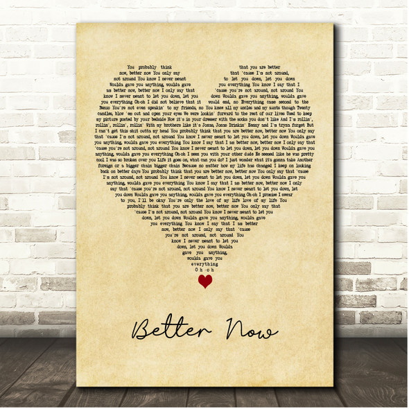 Post Malone Better Now Vintage Heart Song Lyric Print
