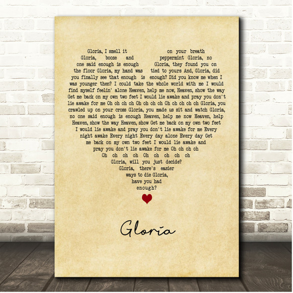 The Lumineers Gloria Vintage Heart Song Lyric Print