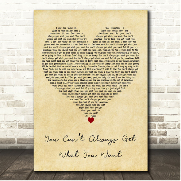 The Rolling Stones You Cant Always Get What You Want Vintage Heart Song Lyric Print