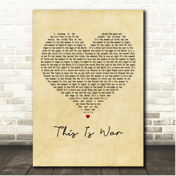 Thirty Seconds to Mars This Is War Vintage Heart Song Lyric Print