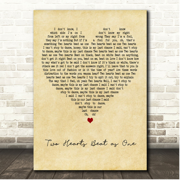 U2 Two Hearts Beat as One Vintage Heart Song Lyric Print