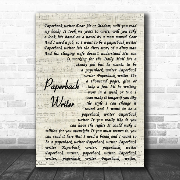 The Beatles Paperback Writer Vintage Script Song Lyric Music Wall Art Print