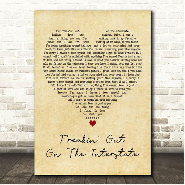 Briston Maroney Freakin Out on the Interstate Vintage Heart Song Lyric Print