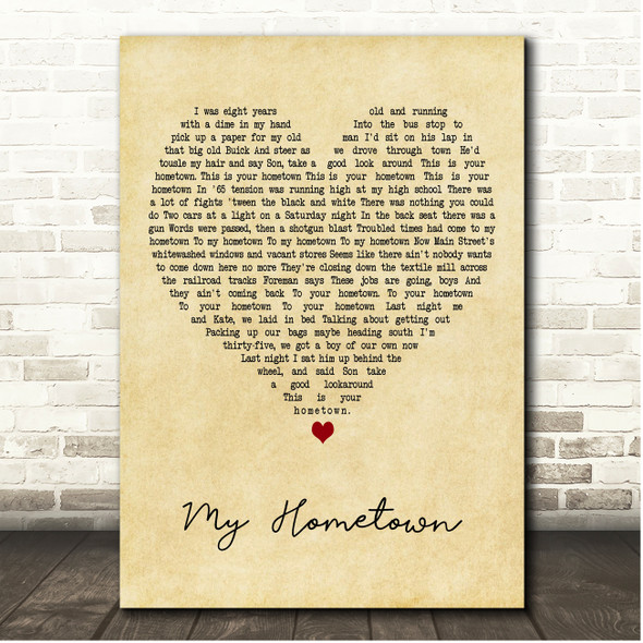 Bruce Springsteen My Hometown Vintage Heart Song Lyric Print