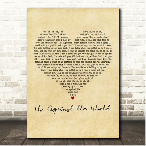 Darren Styles Us Against the World Vintage Heart Song Lyric Print