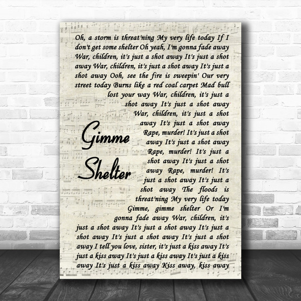 The Rolling Stones Gimme Shelter Vintage Script Song Lyric Music Wall Art Print