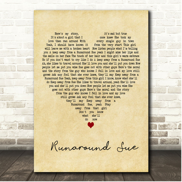 Dioin Runaround Sue Vintage Heart Song Lyric Print