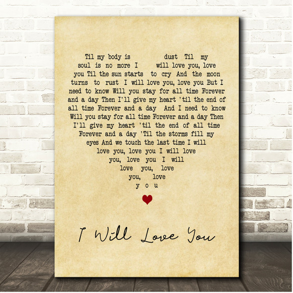 Fisher I Will Love You Vintage Heart Song Lyric Print