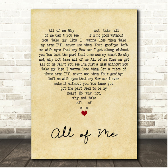 Frank Sinatra All of Me Vintage Heart Song Lyric Print