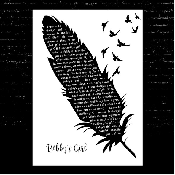 Susan Maughan Bobby's Girl Black & White Feather & Birds Song Lyric Print