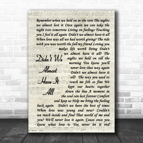 Whitney Houston Didn't We Almost Have It All Vintage Script Song Lyric Music Wall Art Print