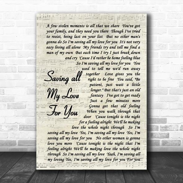 Whitney Houston Saving All My Love For You Vintage Script Song Lyric Music Wall Art Print