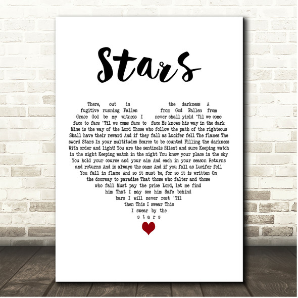 Les Miserables Stars White Heart Song Lyric Print