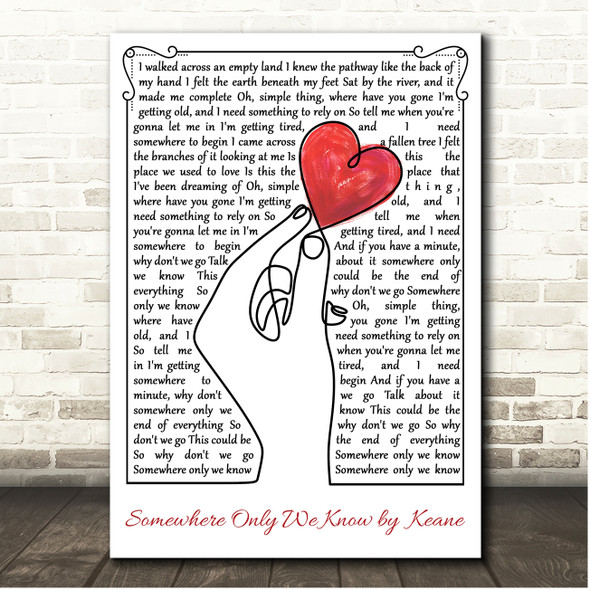 Keane Somewhere Only We Know Line Art Hand & Heart Song Lyric Print
