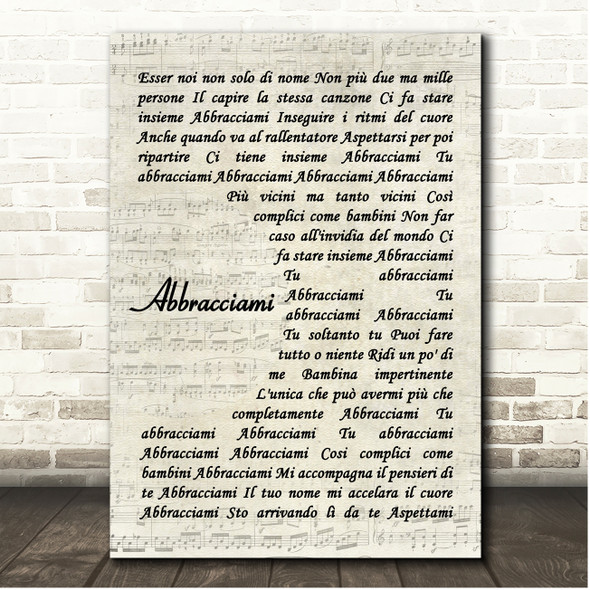 Eros Ramazzotti Abbracciami Vintage Script Song Lyric Print