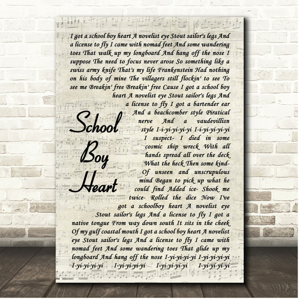 Jimmy Buffett School Boy Heart Vintage Script Song Lyric Print