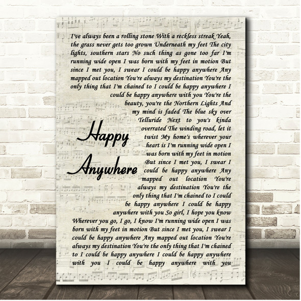 Blake Shelton Happy Anywhere Vintage Script Song Lyric Print