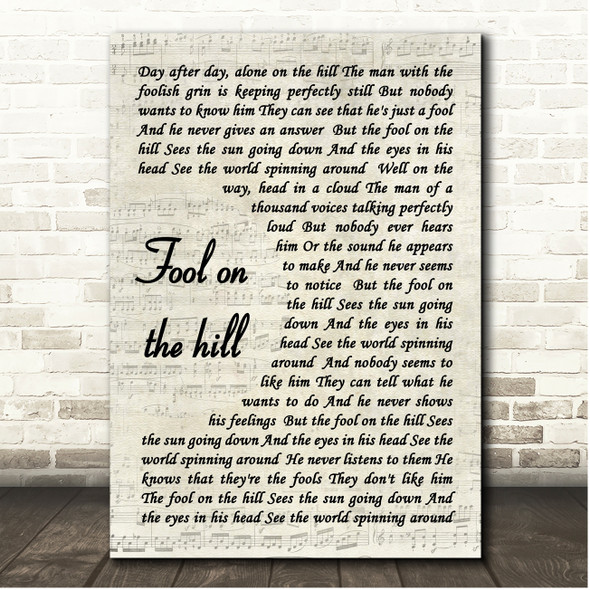The Beatles Fool On The Hill Vintage Script Song Lyric Print