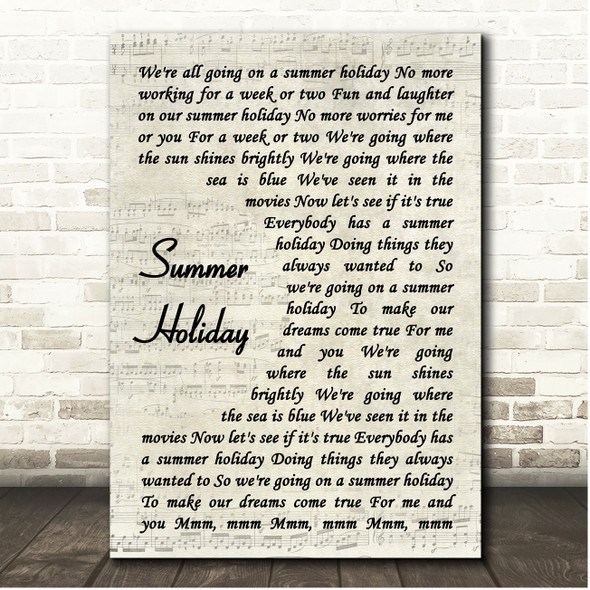 Cliff Richard Summer Holiday Vintage Script Song Lyric Print