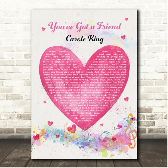 Carole King You've Got a Friend Pink Heart Colourful Music Notes Song Lyric Print
