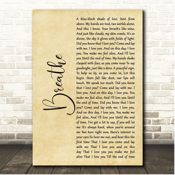 Angels & Airwaves Breathe Rustic Script Song Lyric Print