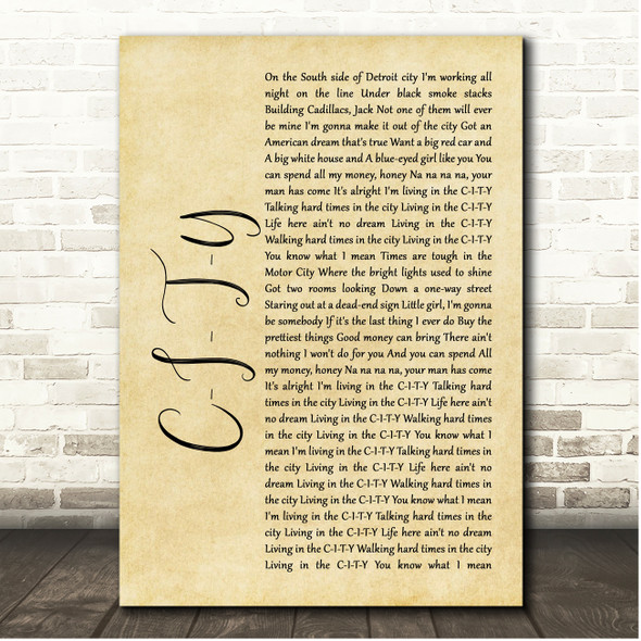 John Cafferty & The Beaver Brown Band C-I-T-Y Rustic Script Song Lyric Print