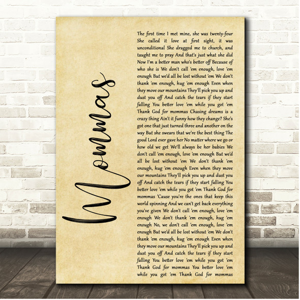 The Swon Brothers Mommas Rustic Script Song Lyric Print