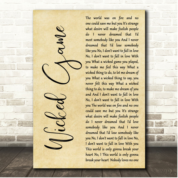 Theory Wicked Game Rustic Script Song Lyric Print