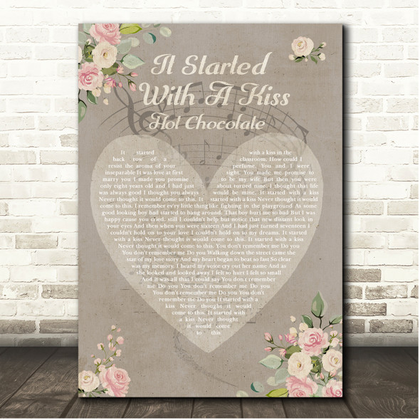 Hot Chocolate It Started With A Kiss Shabby Chic Floral Heart Grey Song Lyric Print