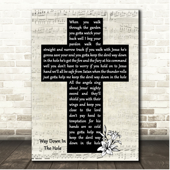 Tom Waits Way Down In The Hole Script Christian Memorial Cross Song Lyric Print