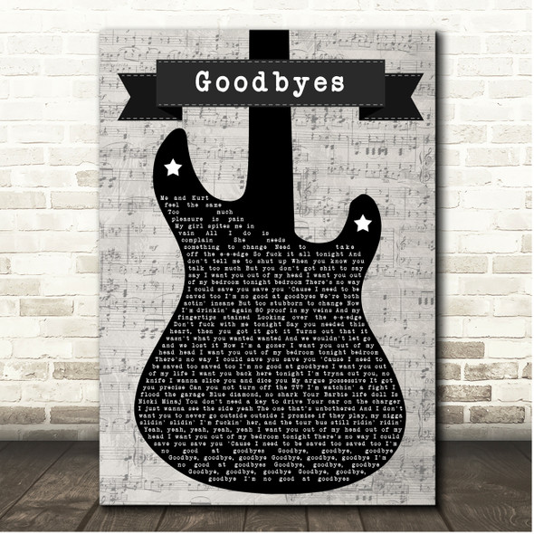 Post Malone Goodbyes Electric Guitar Music Script Song Lyric Print