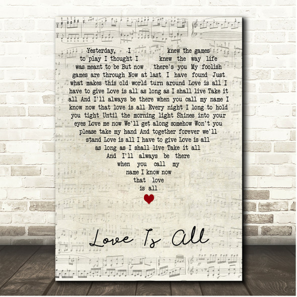 Malcolm Roberts Love Is All Script Heart Song Lyric Print