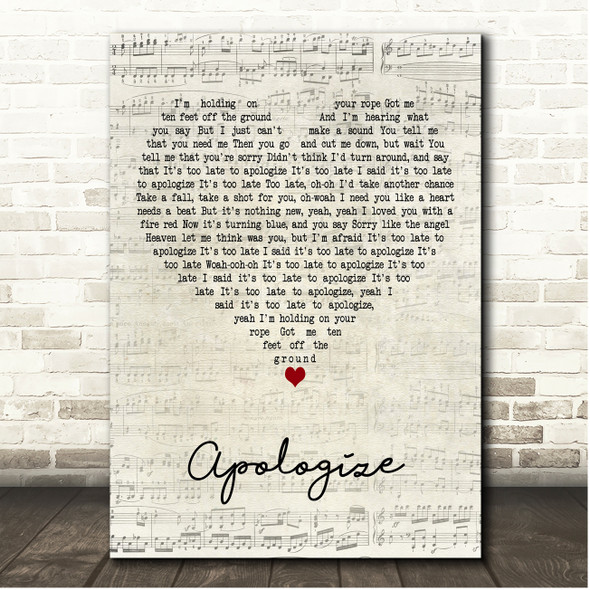 OneRepublic Apologize Script Heart Song Lyric Print