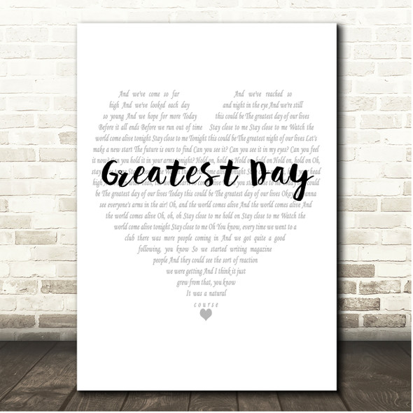 Take That Greatest Day Simple Heart Pale Grey Song Lyric Print