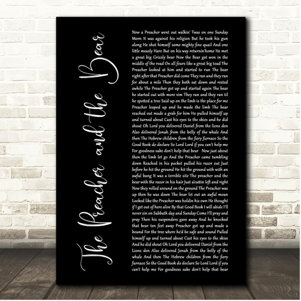 Phil Harris The Preacher and the Bear Black Script Song Lyric Print