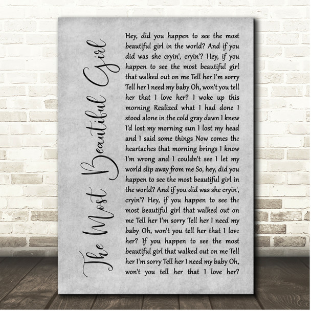 Charlie Rich The Most Beautiful Girl Grey Rustic Script Song Lyric Print