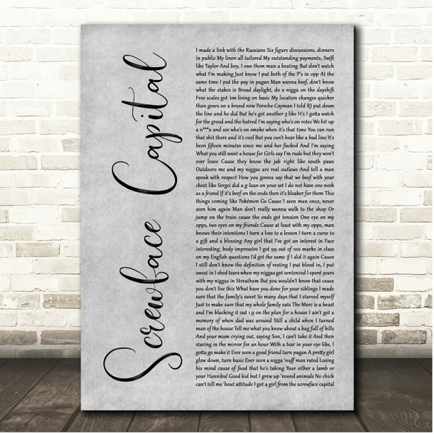 Dave Screwface Capital Grey Rustic Script Song Lyric Print