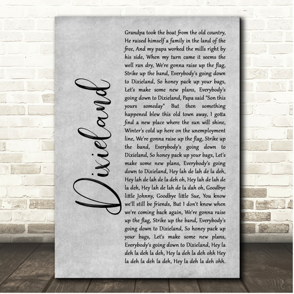 John Cafferty & The Beaver Brown Band Dixieland Grey Rustic Script Song Lyric Print