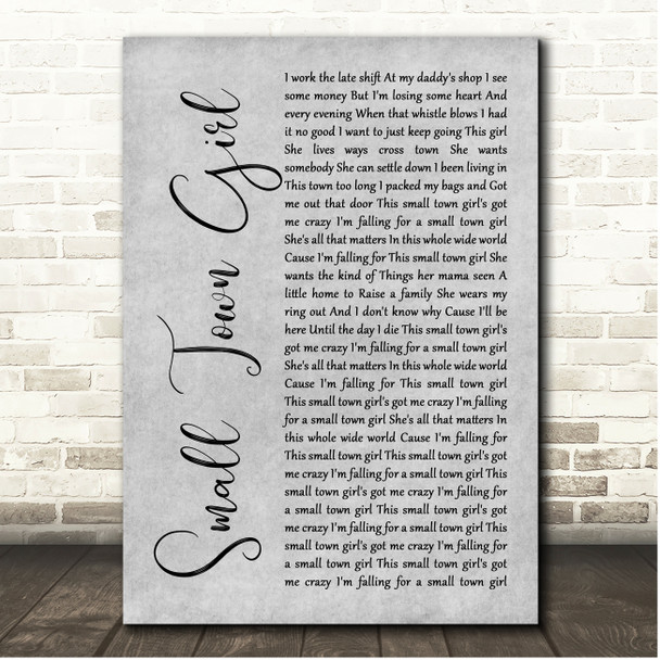 John Cafferty & The Beaver Brown Band Small Town Girl Grey Rustic Script Song Lyric Print