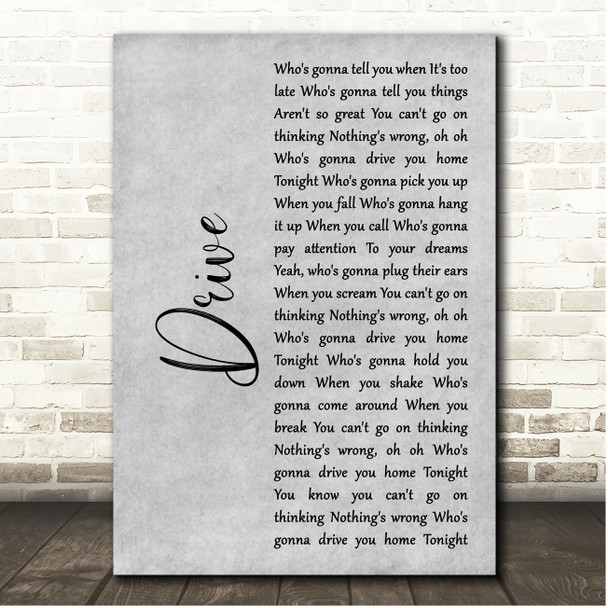 The Cars Drive Grey Rustic Script Song Lyric Print