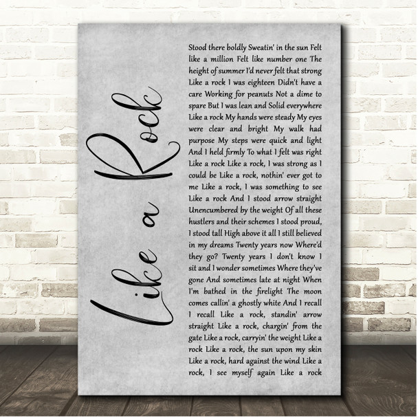 Bob Seger Like a Rock Grey Rustic Script Song Lyric Print