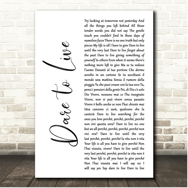 Andrea Bocelli, Laura Pausini Dare to Live White Script Song Lyric Print