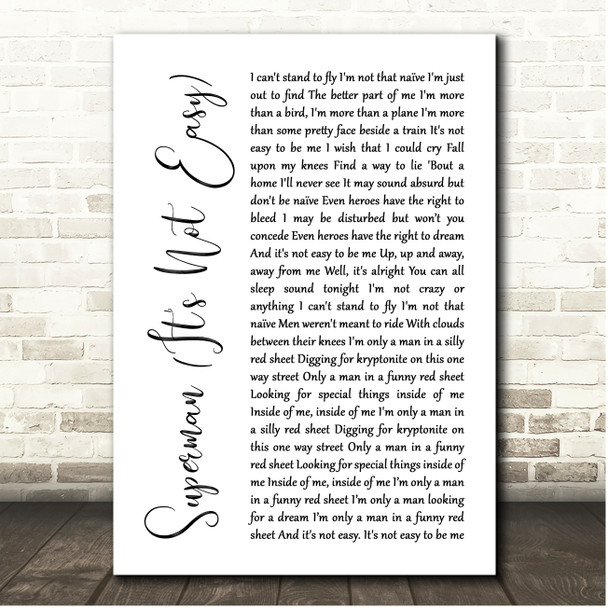 Five For Fighting Superman (It's Not Easy) White Script Song Lyric Print