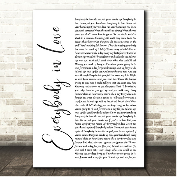 JLS Everybody in Love White Script Song Lyric Print