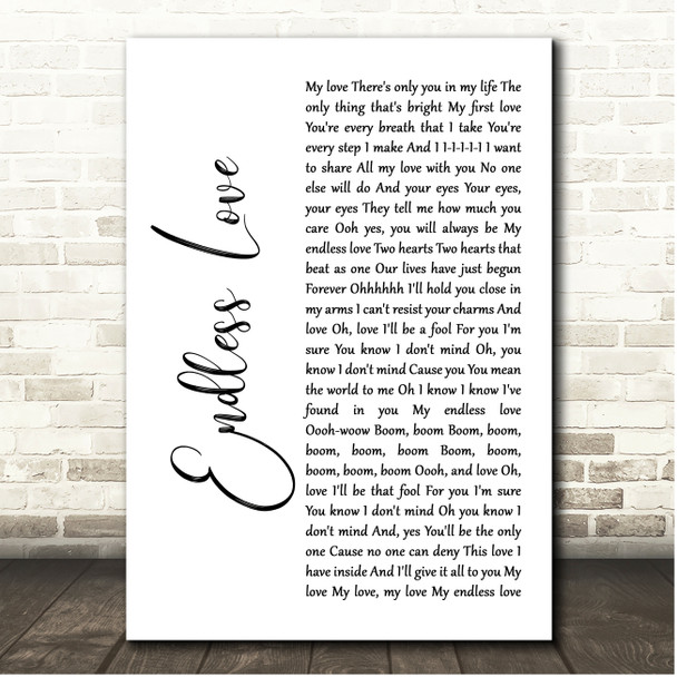 Lionel Richie & Diana Ross Endless Love White Script Song Lyric Print