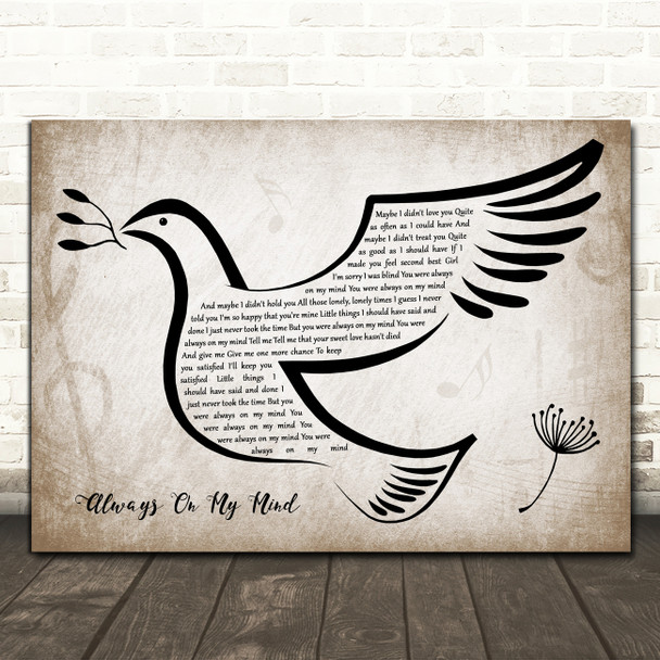 Willie Nelson Always On My Mind Vintage Dove Bird Song Lyric Print
