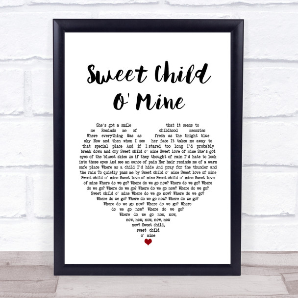 Guns N Roses Sweet Child O' Mine White Heart Song Lyric Music Wall Art Print