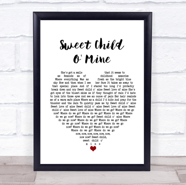 Guns N' Roses Sweet Child O' Mine White Heart Song Lyric Music Wall Art Print