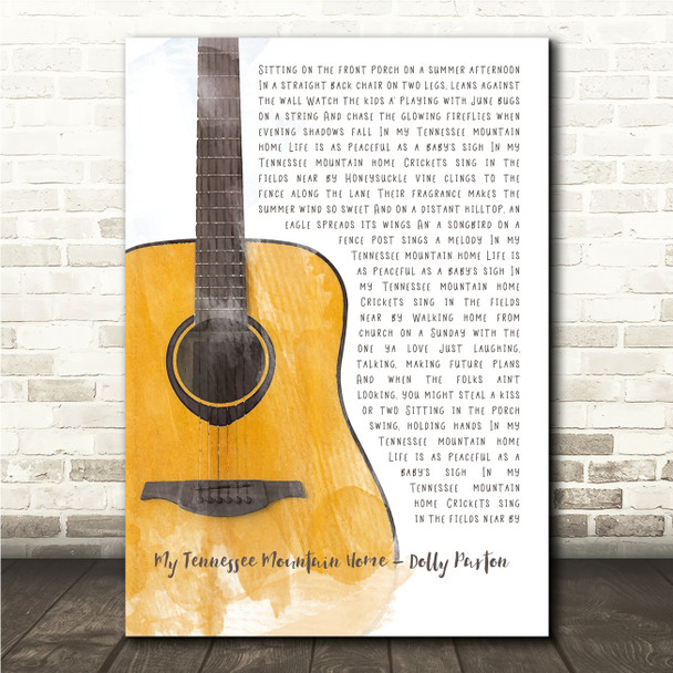 Dolly Parton My Tennessee Mountain Home Acoustic Guitar Watercolour Song Lyric Print