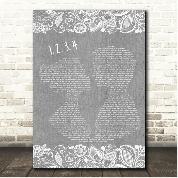 Plain White T's 1, 2, 3, 4 Grey Burlap & Lace Song Lyric Print